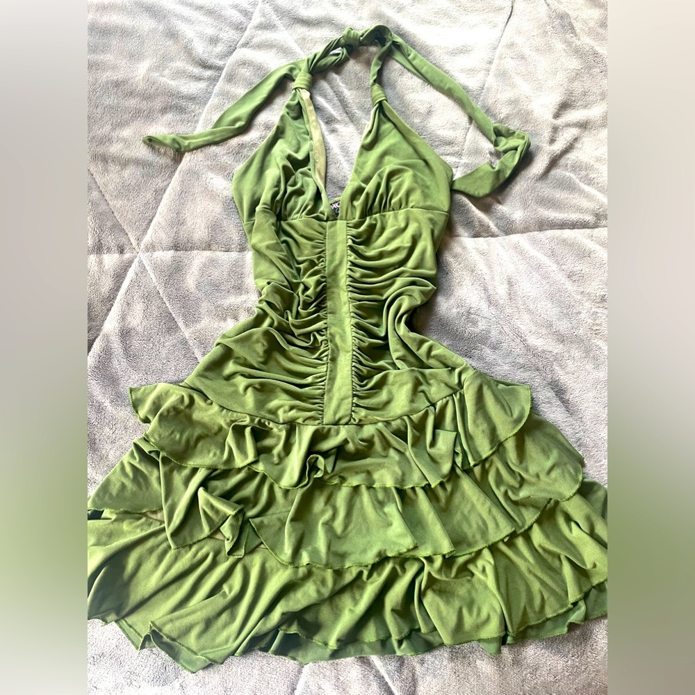 Green backless dress.